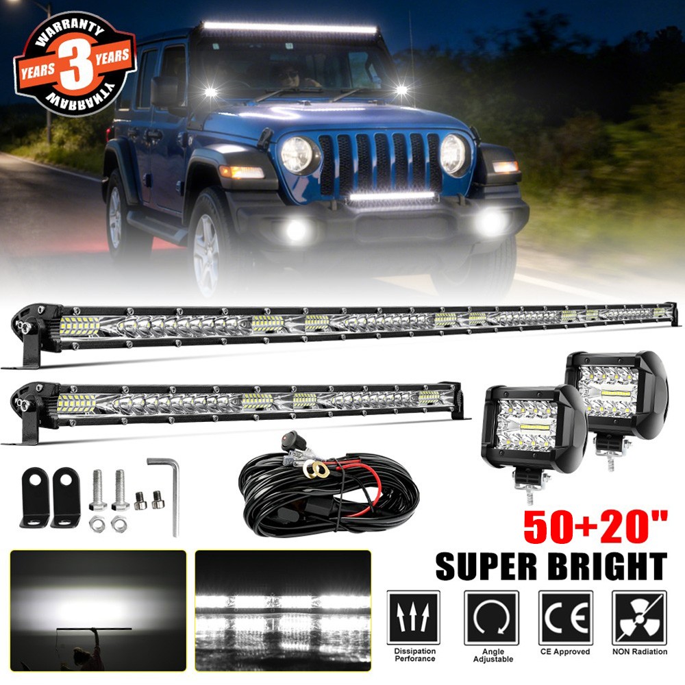Roof 50″ + Bumper 20“ LED Light Bar + 2x 4″ Pods For Jeep Wrangler JK TJ YJ CJ