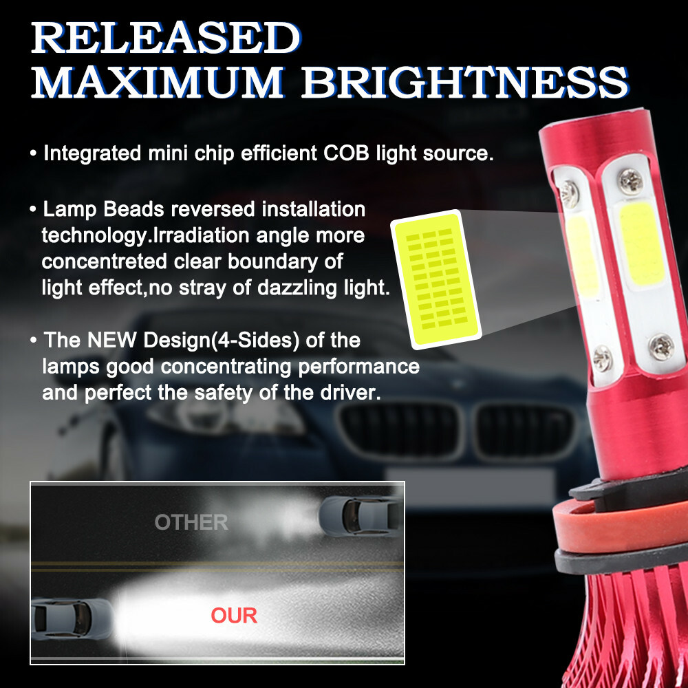 4-Side H11 H9 LED Headlight Super Bright Bulbs Kit 330000LM HIGH/LOW Beam 6000K