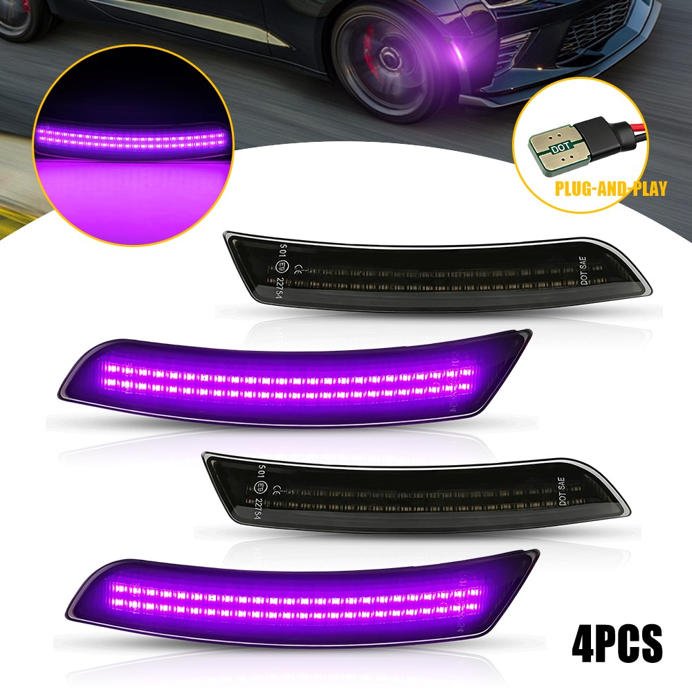 Smoked Lens Solid Purple LED Side Marker Lights 4X For 2016-22 2023 Chevy Camaro
