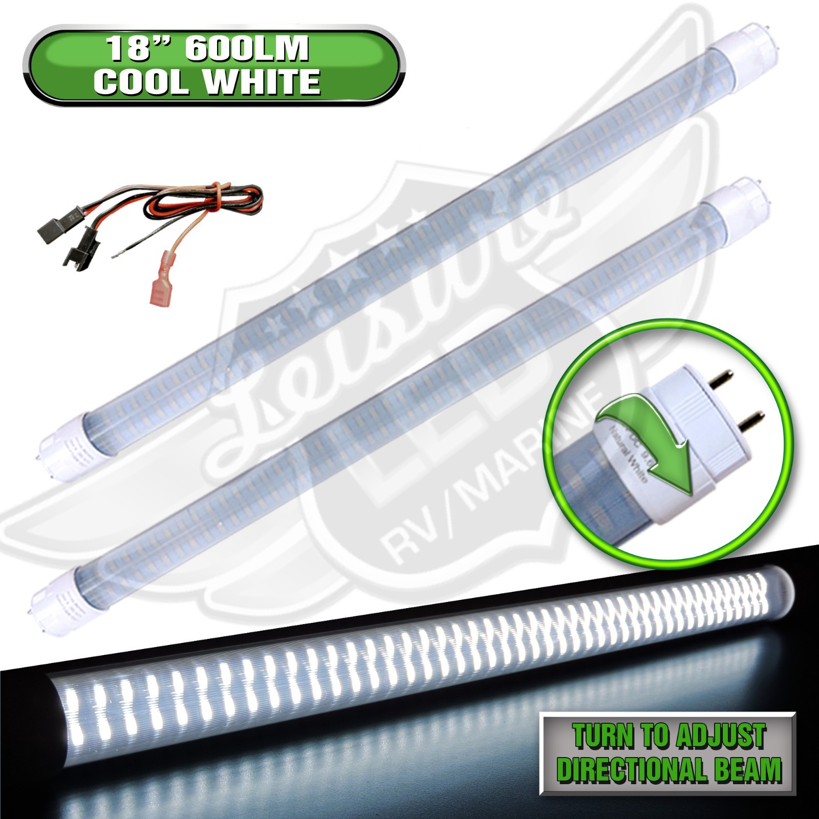 2PC 12V DC RV Marine F15T8 LED Tube Light 9W 18″(17-3/4″ pin to pin) CW 600 lm