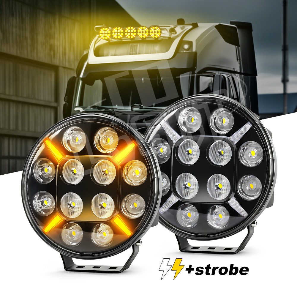 2X 9Inch Round LED Spot Light Strobe White & Yellow DRL Driving Beam For Truck
