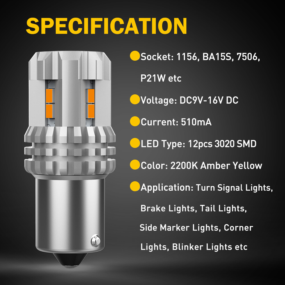 2X CANBUS BAU15S 7507 PY21W 1156PY Amber Yellow LED Turn Signal Light Globe Bulb