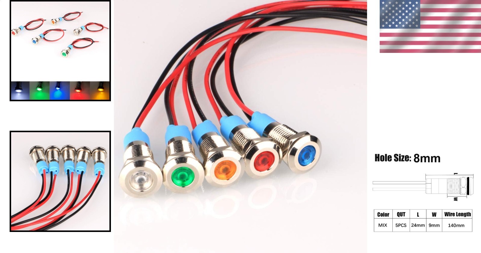 5pcs 8mm LED Indicator Lights AC DC 12-24V Waterproof Signal Lamp Panel Mount