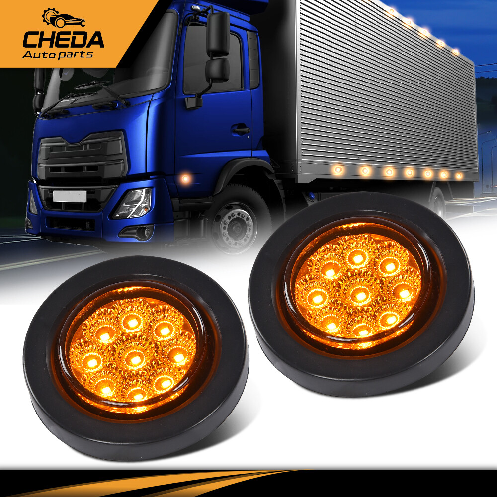 2x Amber 2″ Inch Round 9-LED Side Marker Clearance Lights Truck Trailer Lamp 12V