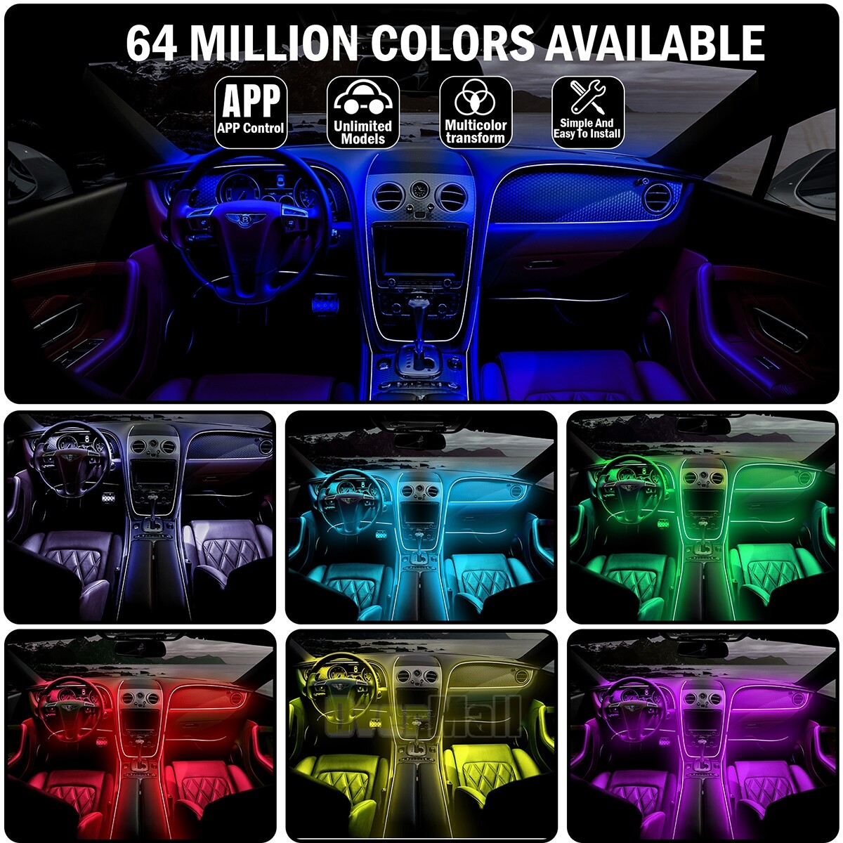 6-In-1 RGB LED Interior Strip Light Car Ambient Atmosphere Lighting APP Control