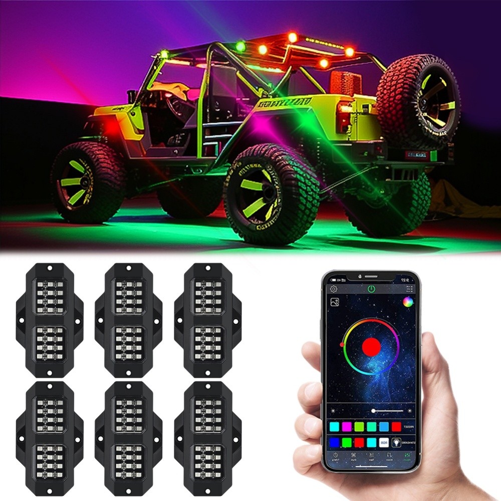 6x RGB LED Pods Rock Light Kit Underbody Glow Neon Lamp Bluetooth Music Control