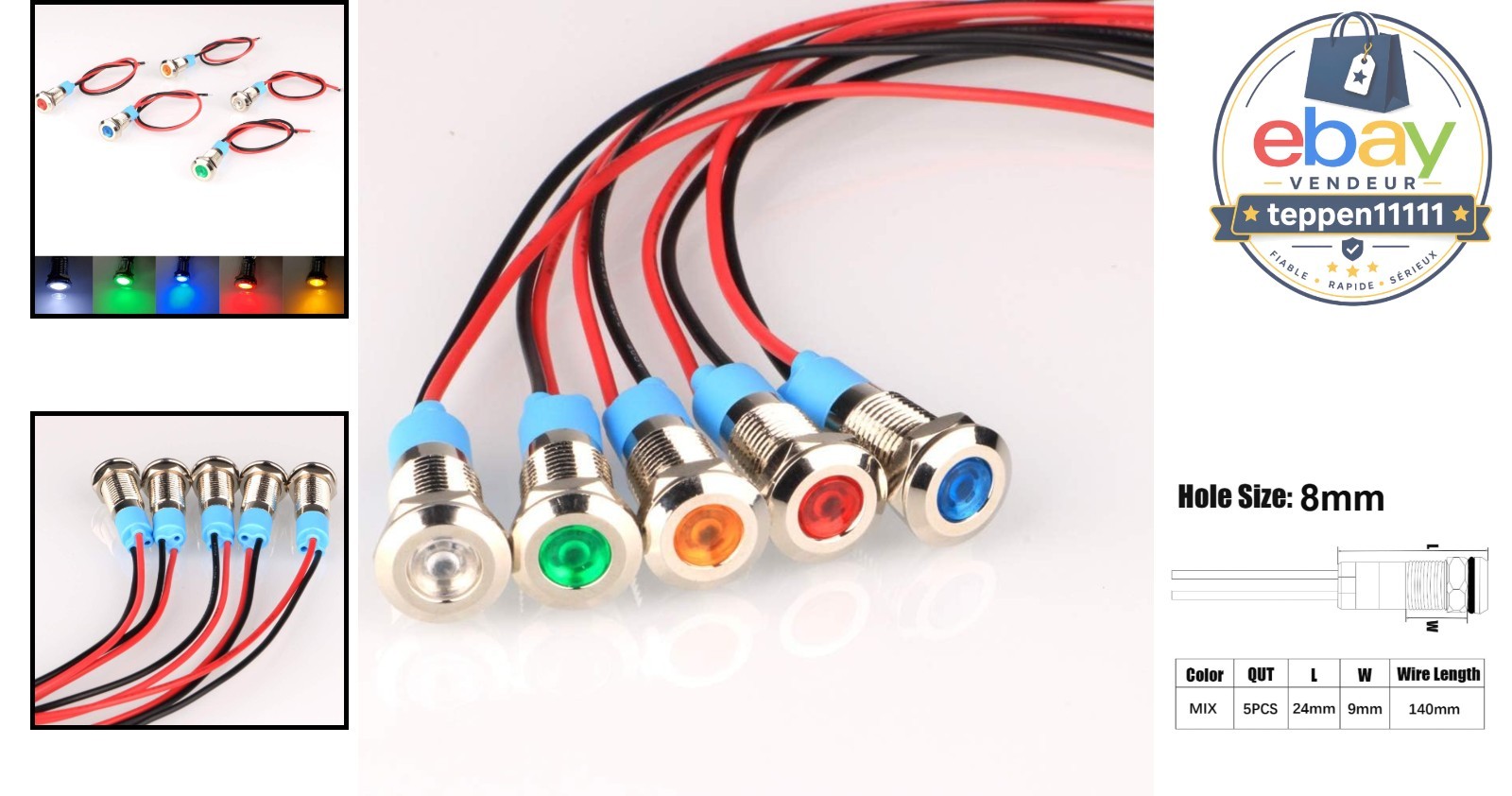 LED Indicator Light 8mm Waterproof AC/DC 12-24V Red Orange Blue Green White