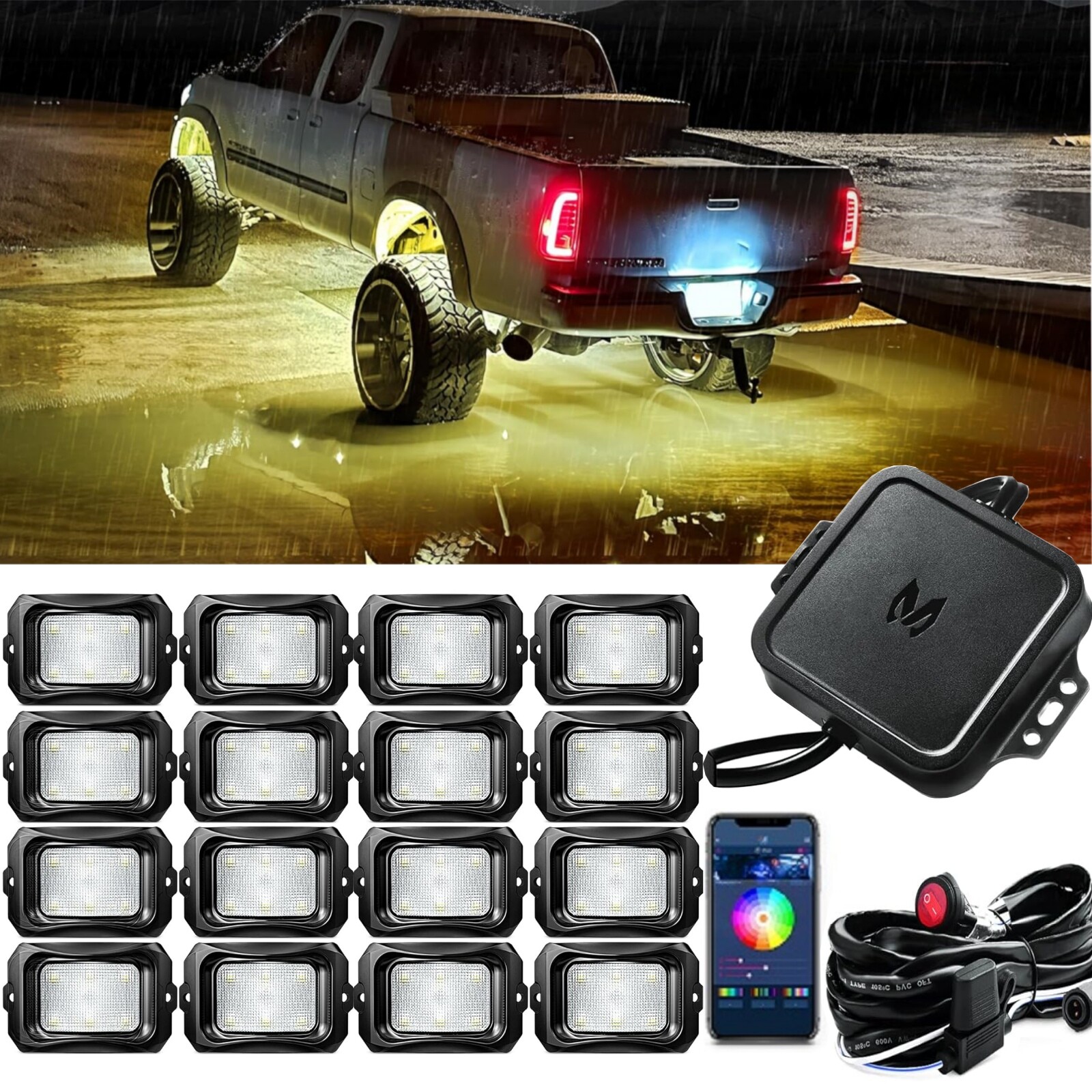 MICTUNING 16 Pods Q1 RGBW LED Rock Lights,Multicolor Underglow Remote Controller