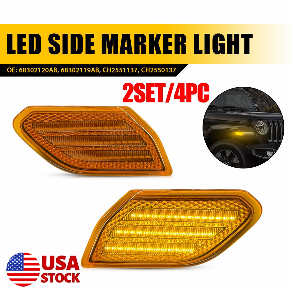 4PC Front Fender LED Side Marker Light Amber For 18+ Jeep Wrangler JL/Gladiator