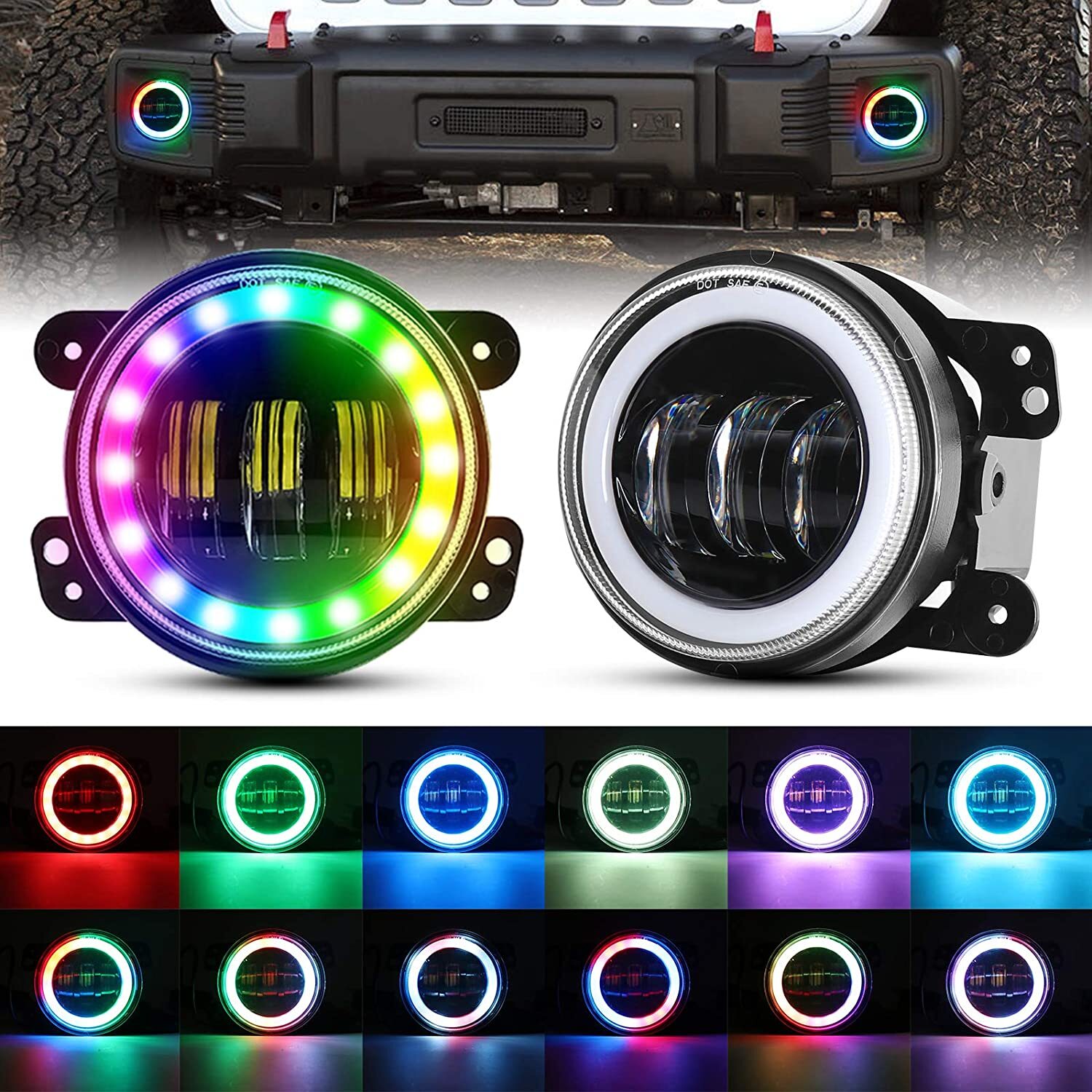 4“ Round LED Fog Lights Driving Halo Combo Kit For Jeep Wrangler JK TJ LJ Dodge