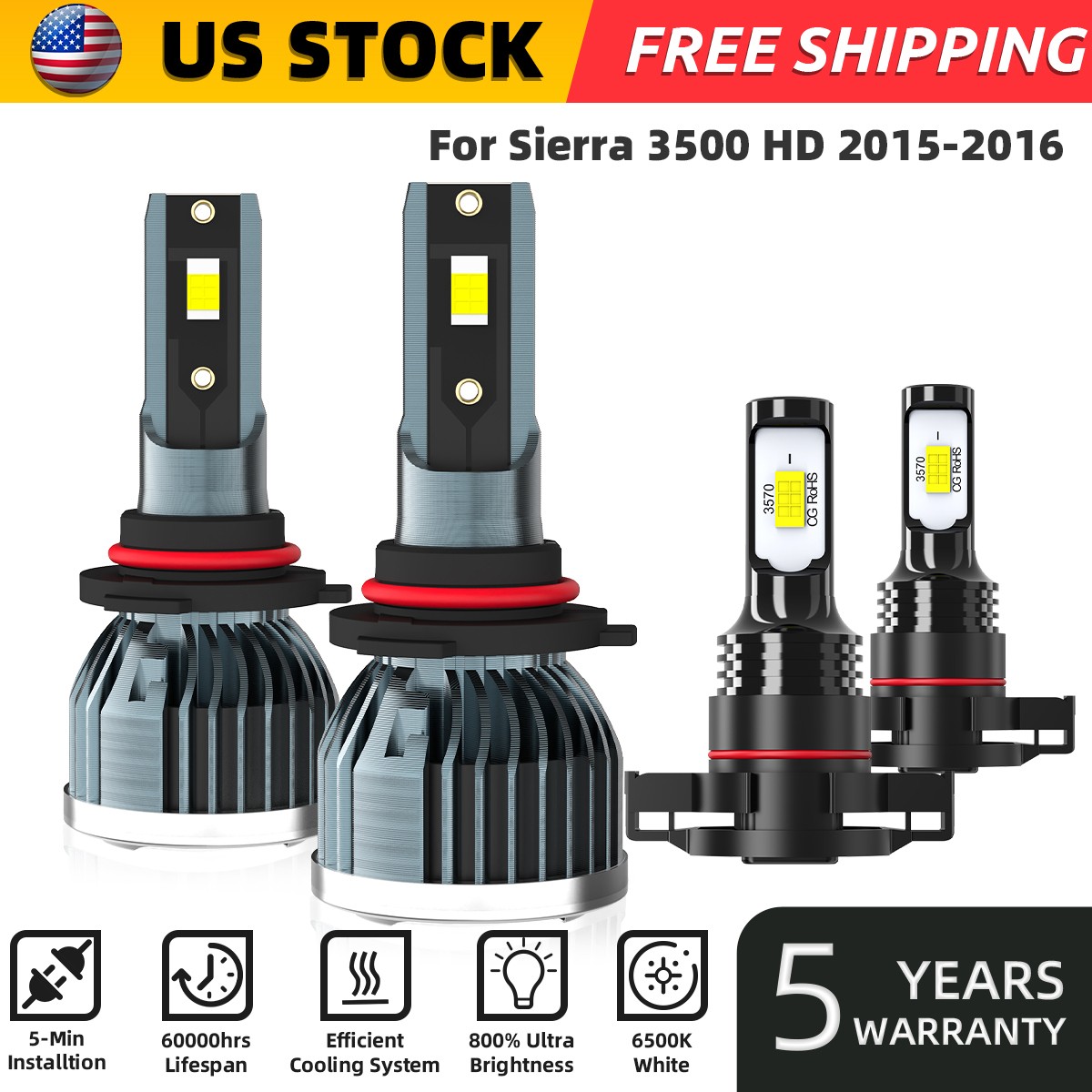 For GMC Sierra 3500 HD 2015-2016 LED Headlight High/Low Fog Light Bulbs 6000k