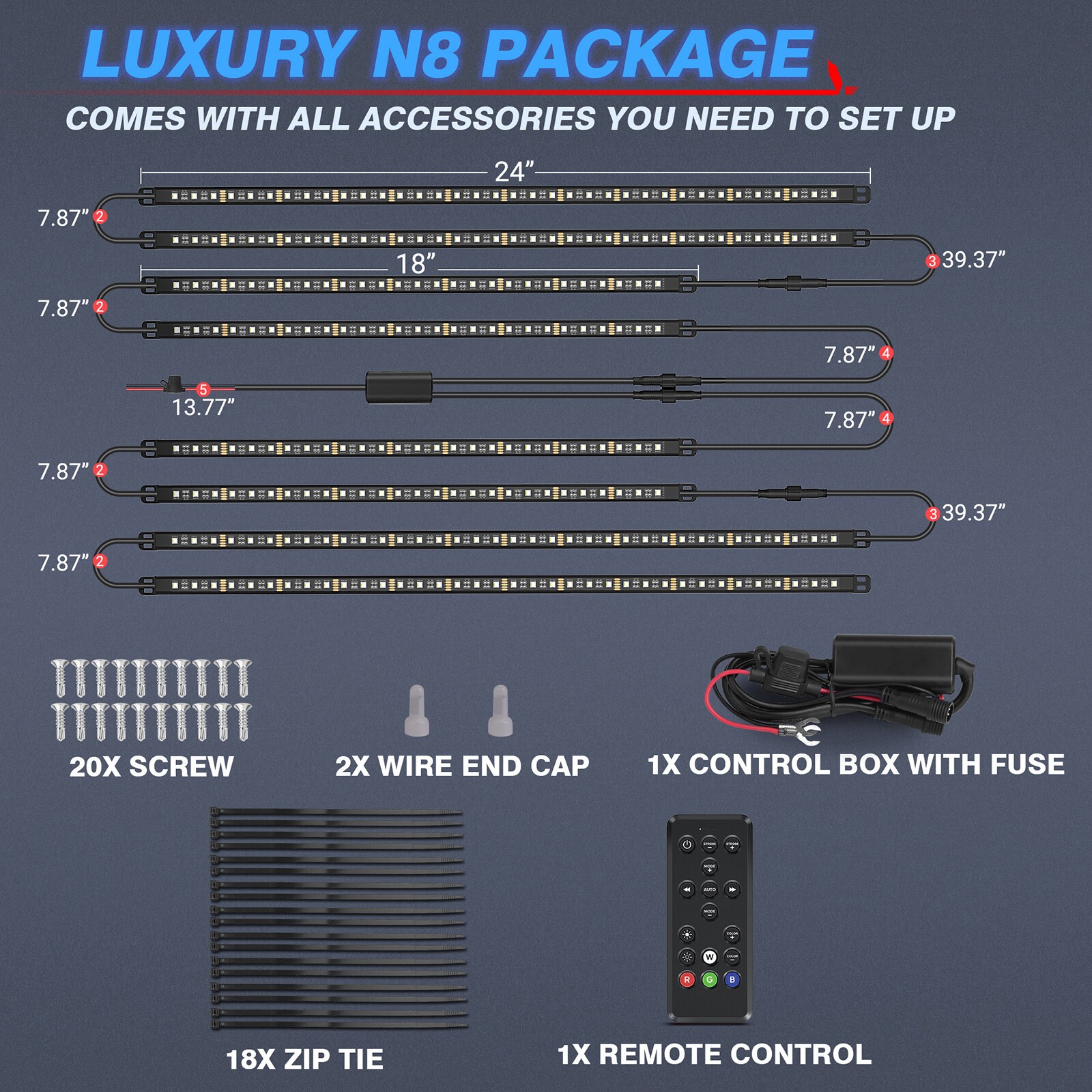 8Pcs Aluminum Car Underglow Light Strips RGBW LED Exterior Underbody Light Bar