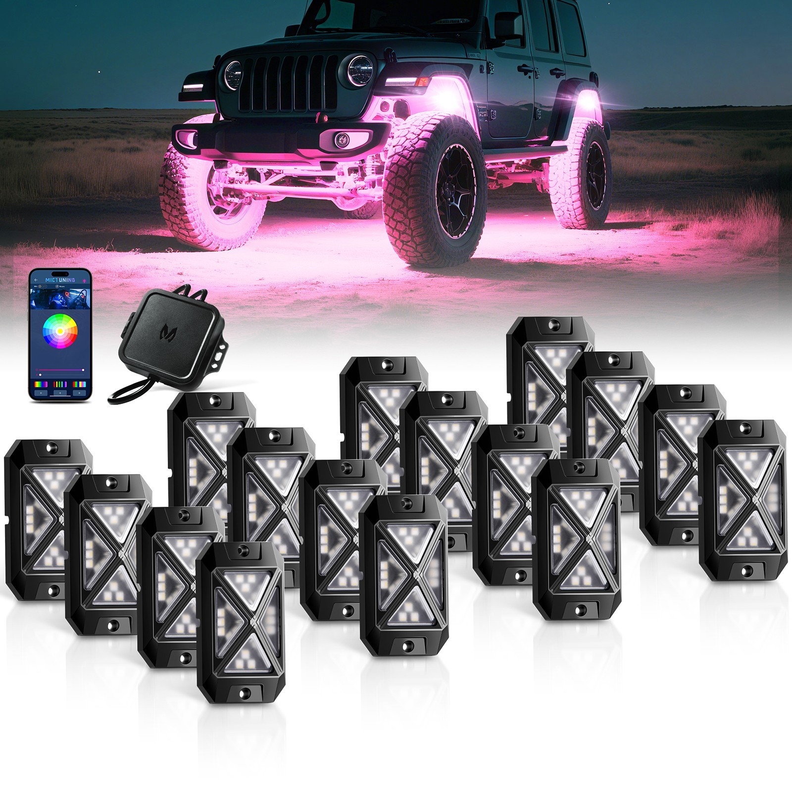 MICTUNING 16 Pods RGBW LED Rock Lights APP Control 4-Side LED Underglow Neon Kit