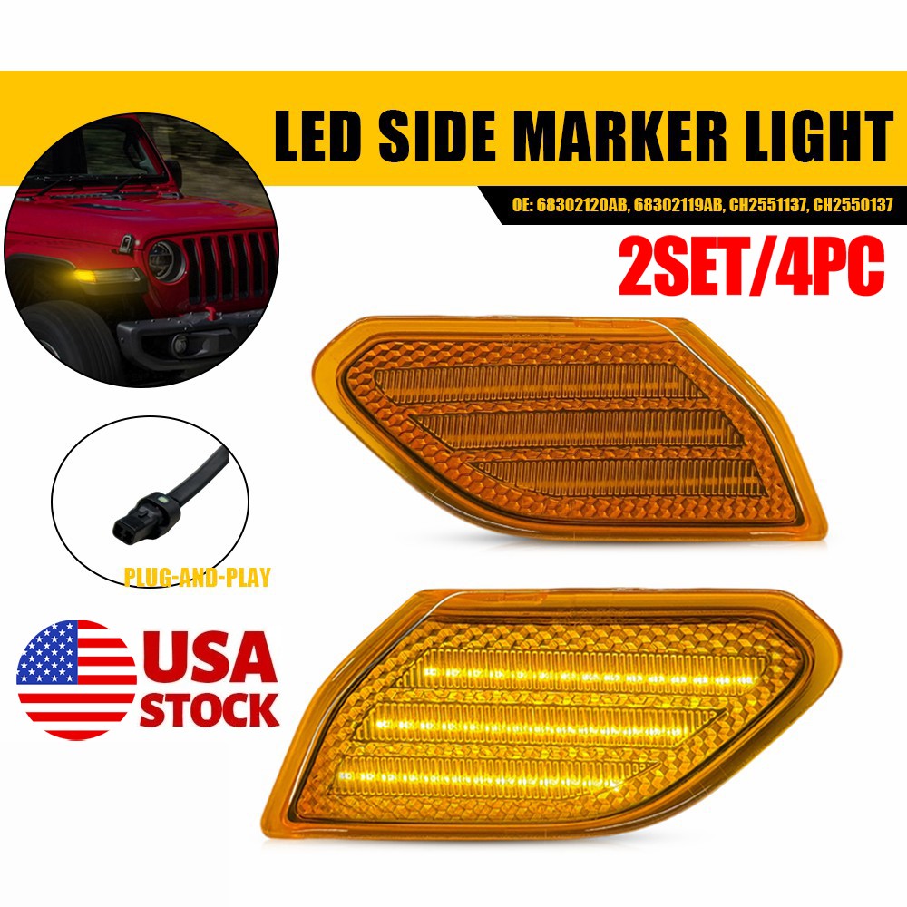 4PC Amber Lens LED Side Marker Lights Fender For 2018-26 Jeep Wrangler Gladiator