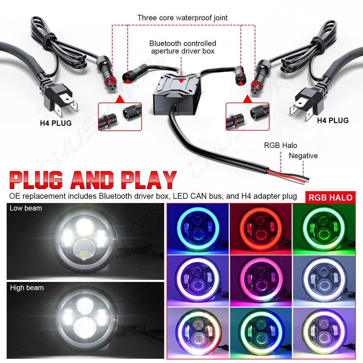 New Pair 7inch RGB LED Round Headlight Hi/Low Beam for Peterbilt 379 359 Trucks