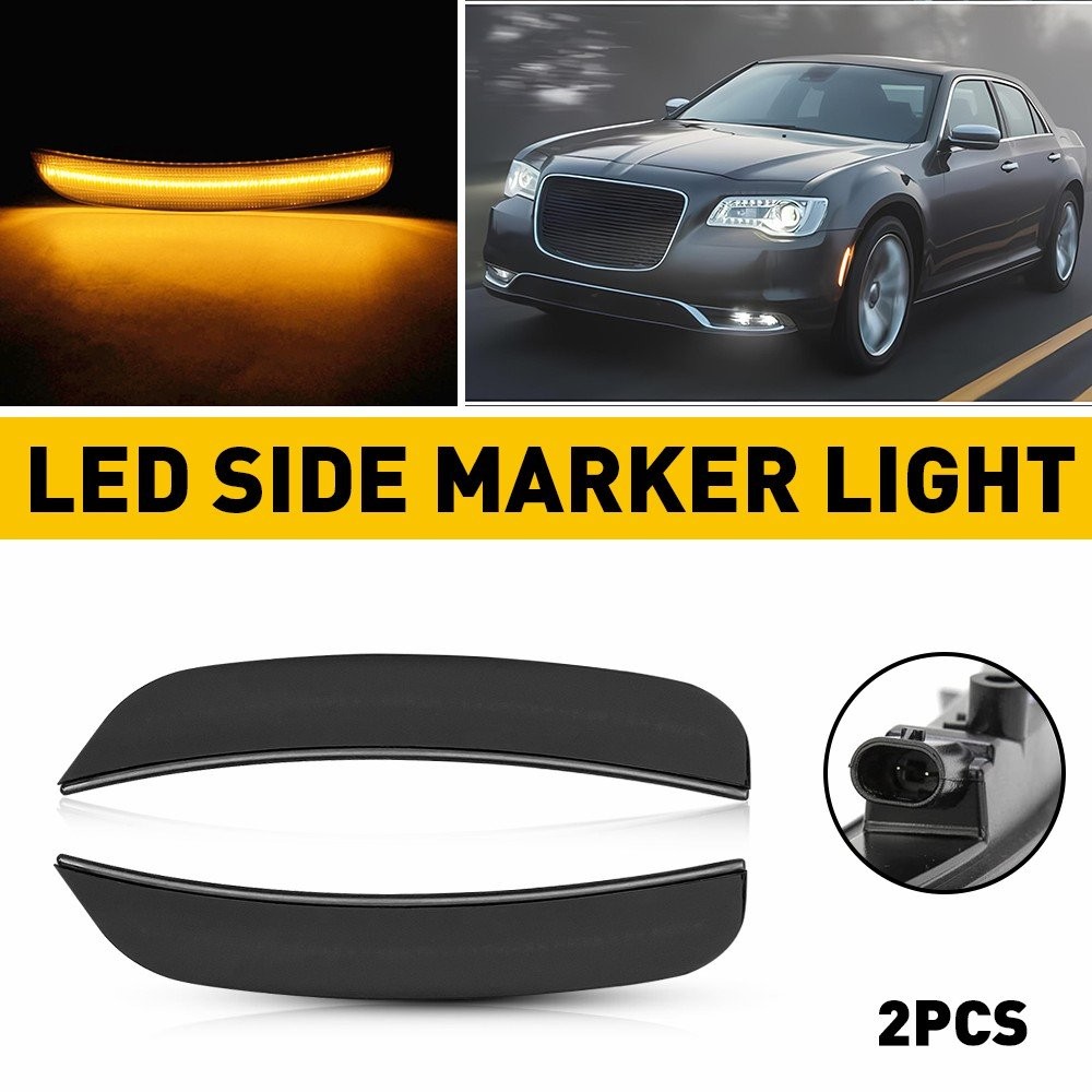 2PCS Amber LED Smoked Front Bumper Side Marker Lights For Chrysler 2015-2023 300