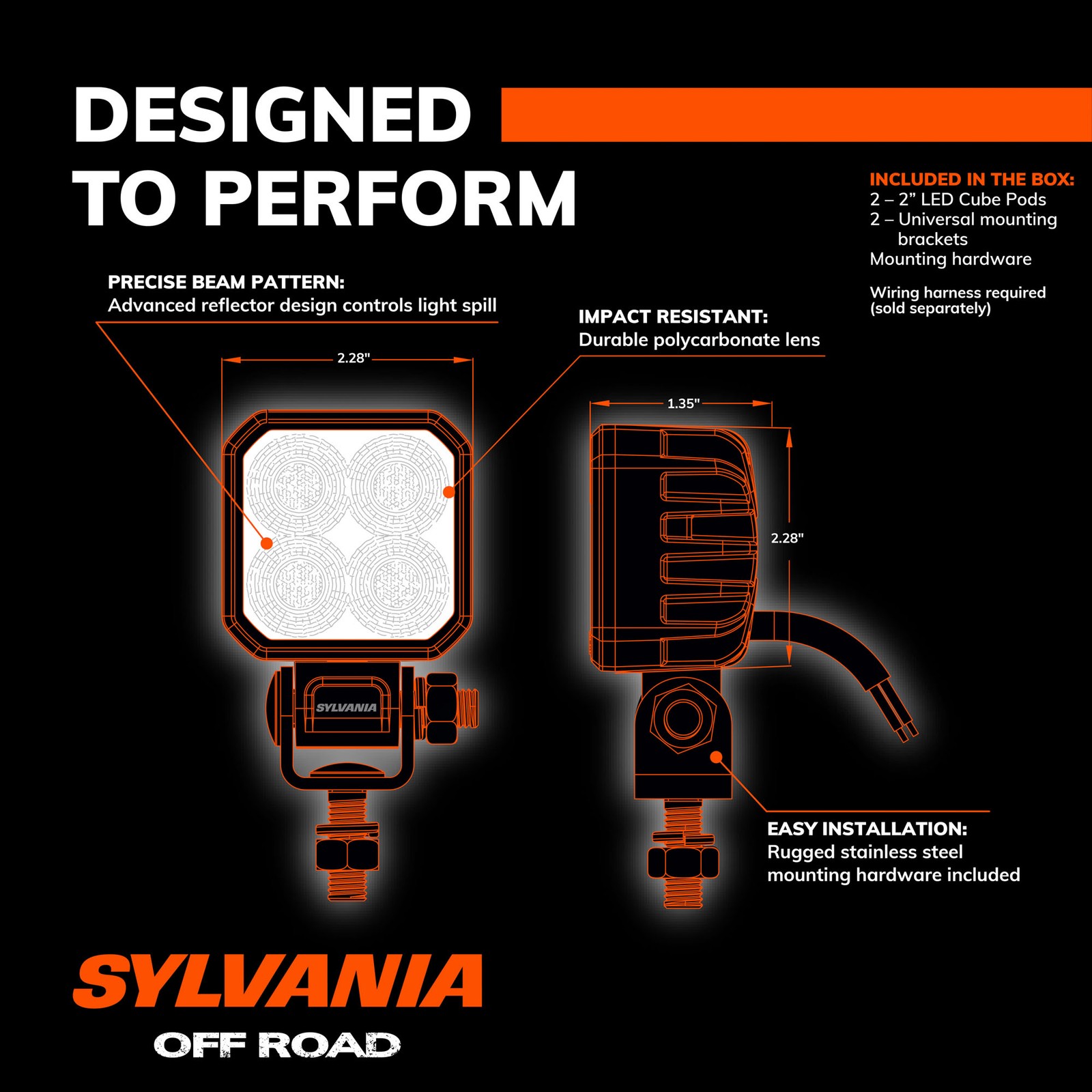 SYLVANIA Ultra 2″ Cube LED Light Pod – 2400 LM Flood Off Road 2 PC