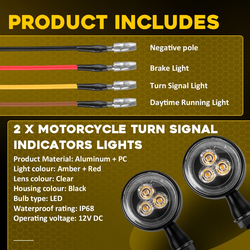 2pcs Black Housing Red Light Motorcycle Turn Signal Light Front Rear Left Right