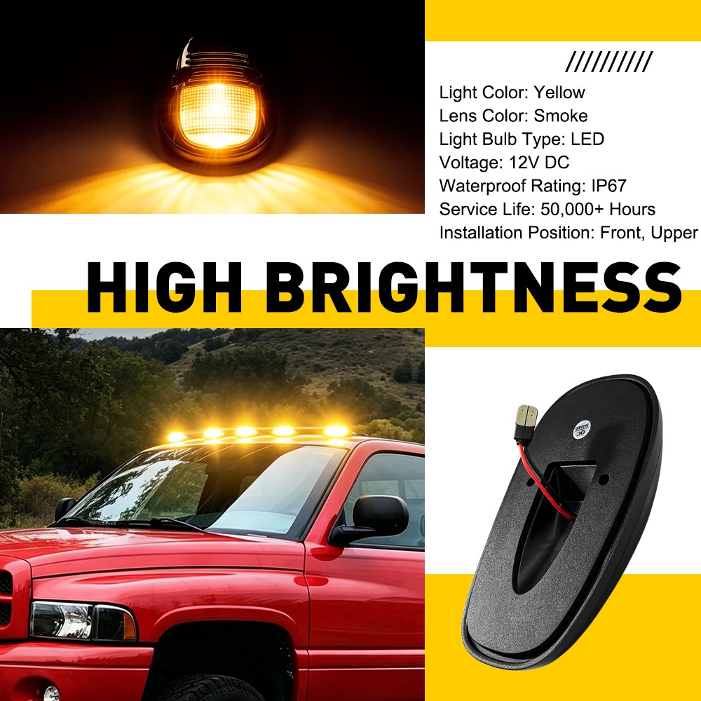 For 1999 2000 2001 Dodge Ram 1500 5xAmber/White LED Cab Roof Marker Lights Set