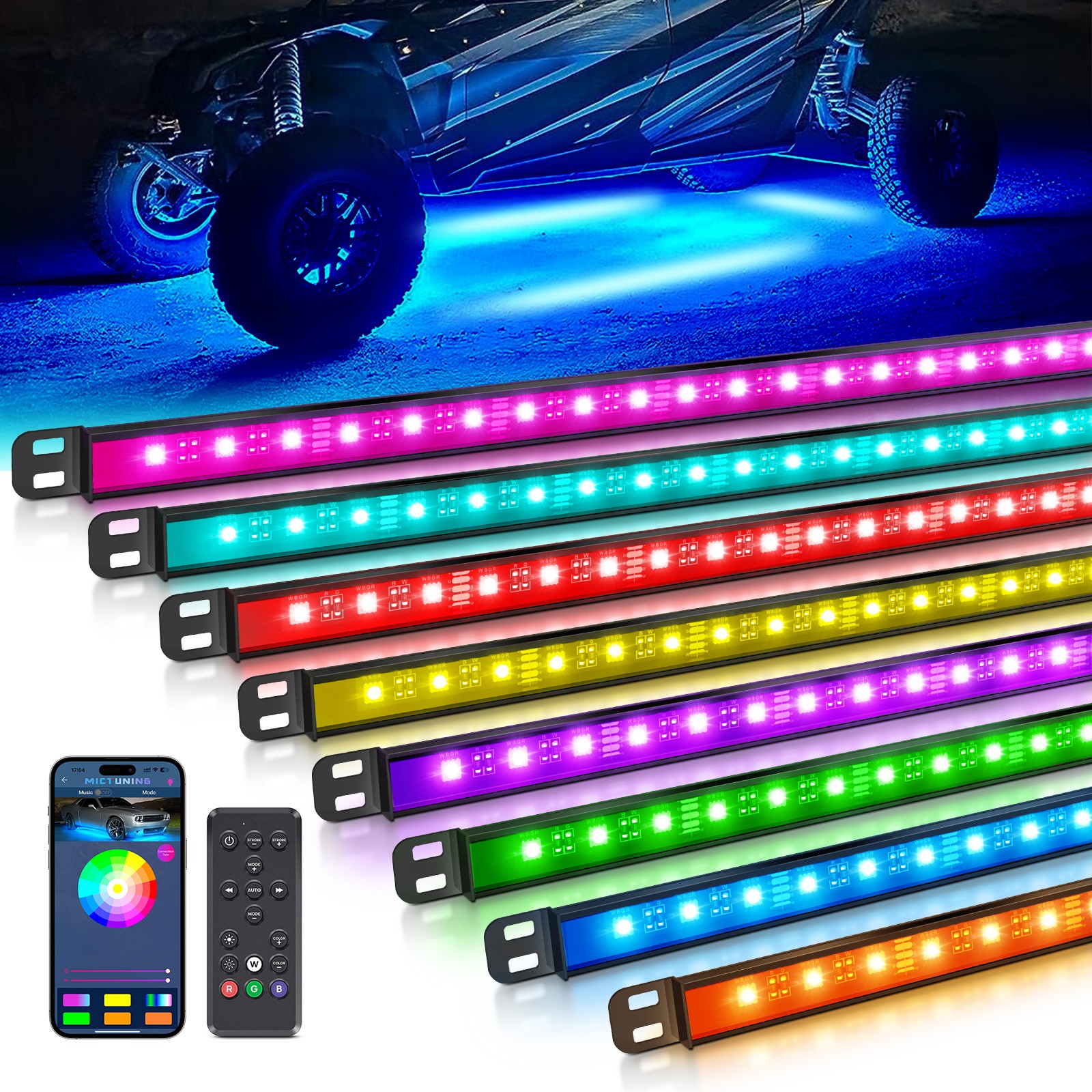 MICTUNING 8Pcs Car RGBW LED Underglow Lights Strips Multicolor Lights Waterproof