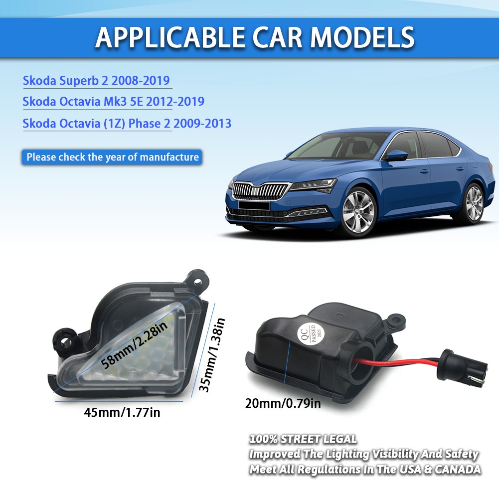 2x LED Side Mirror Puddle Lights For Skoda Octavia A5 A7 Superb MK2