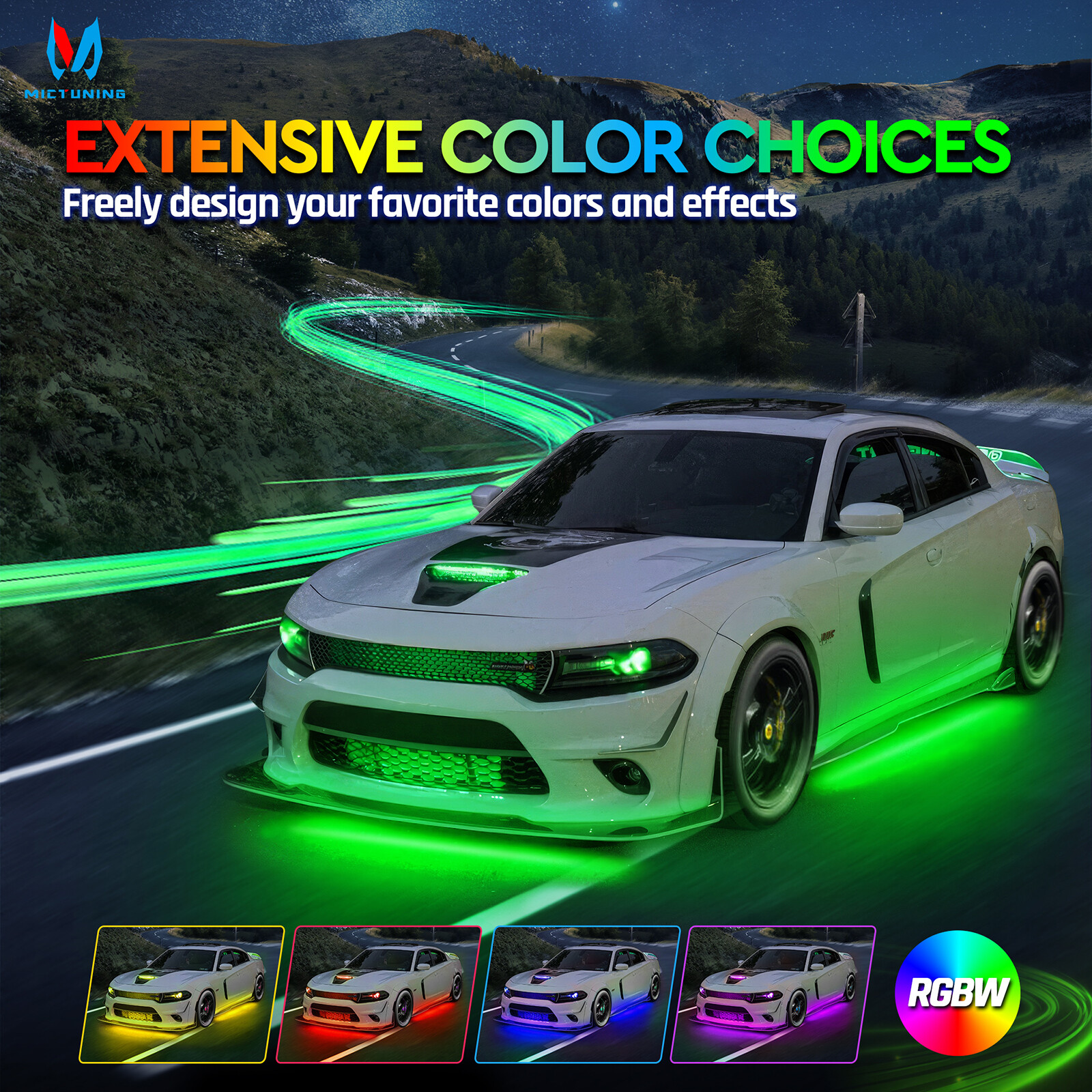 MICTUNING N8 RGBW LED Strip Aluminum Underneath Under Car Neon Lights Wireless
