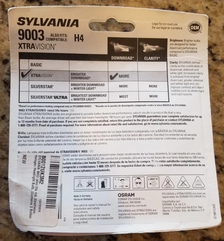 Sylvania Xtravision 9003 (H4) Brighter Downroad One Bulb Open Package BRAND NEW