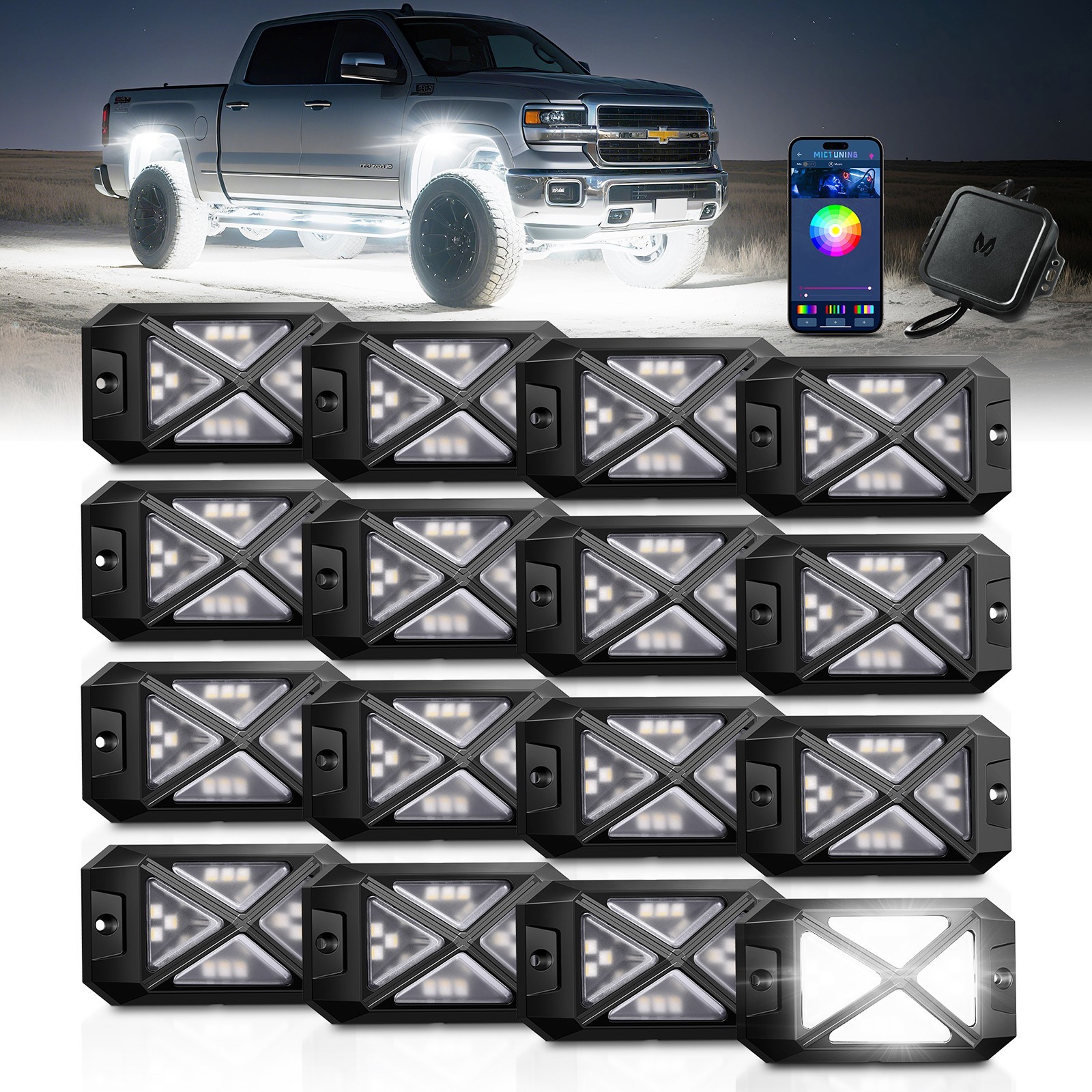 MICTUNING 16 Pods RGBW LED Rock Lights APP Control 4-Side LED Underglow Neon Kit