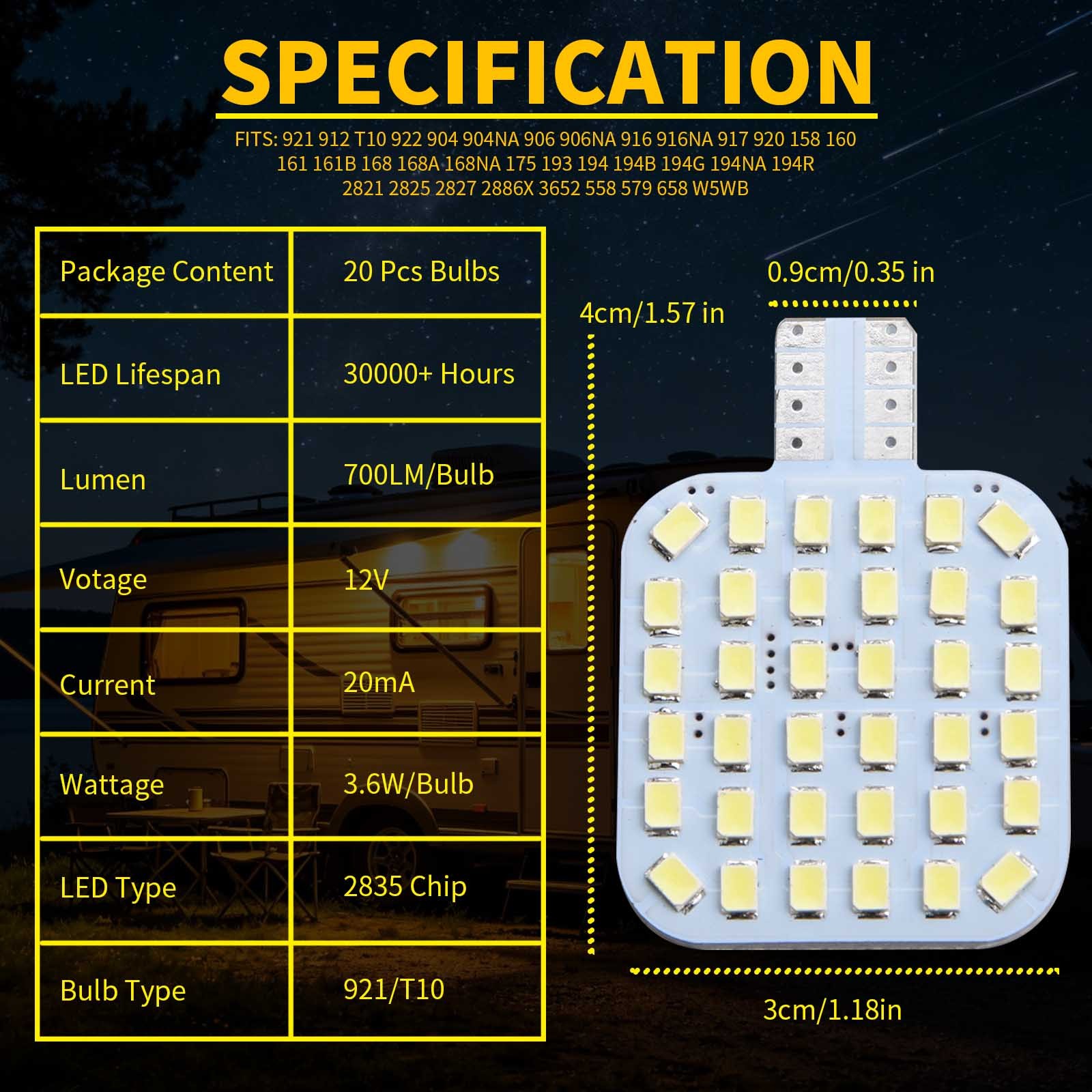 20pcs T10 LED Interior Light Bulbs Full Aluminum 2835 SMD Xenon White 12V RV