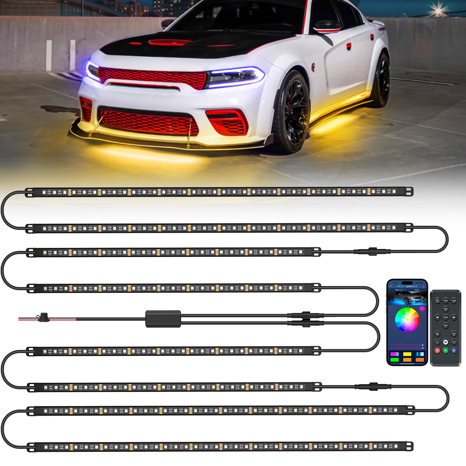 MICTUNING 8Pcs Car RGBW LED Underglow Lights Strips Multicolor Lights Waterproof