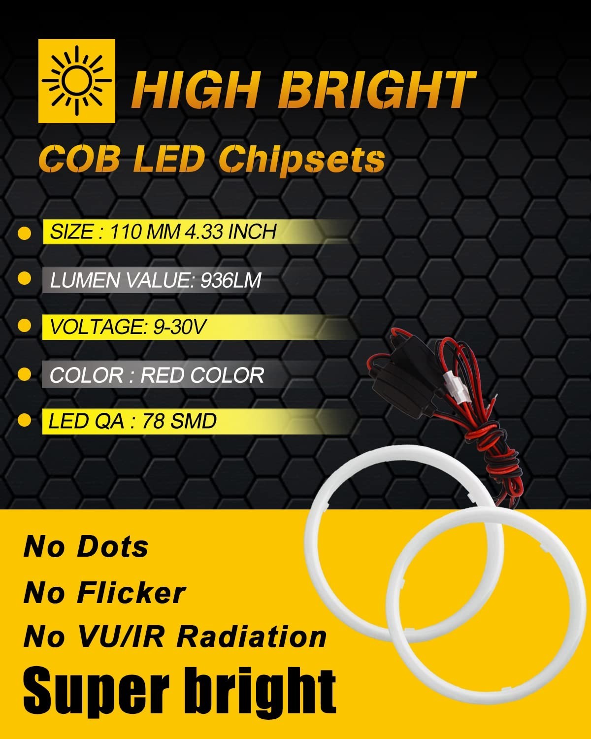 110MM Red Angel Eyes 78SMD COB LED Driving Lights DRL Halo Ring 9-30V DC – 1 Pai