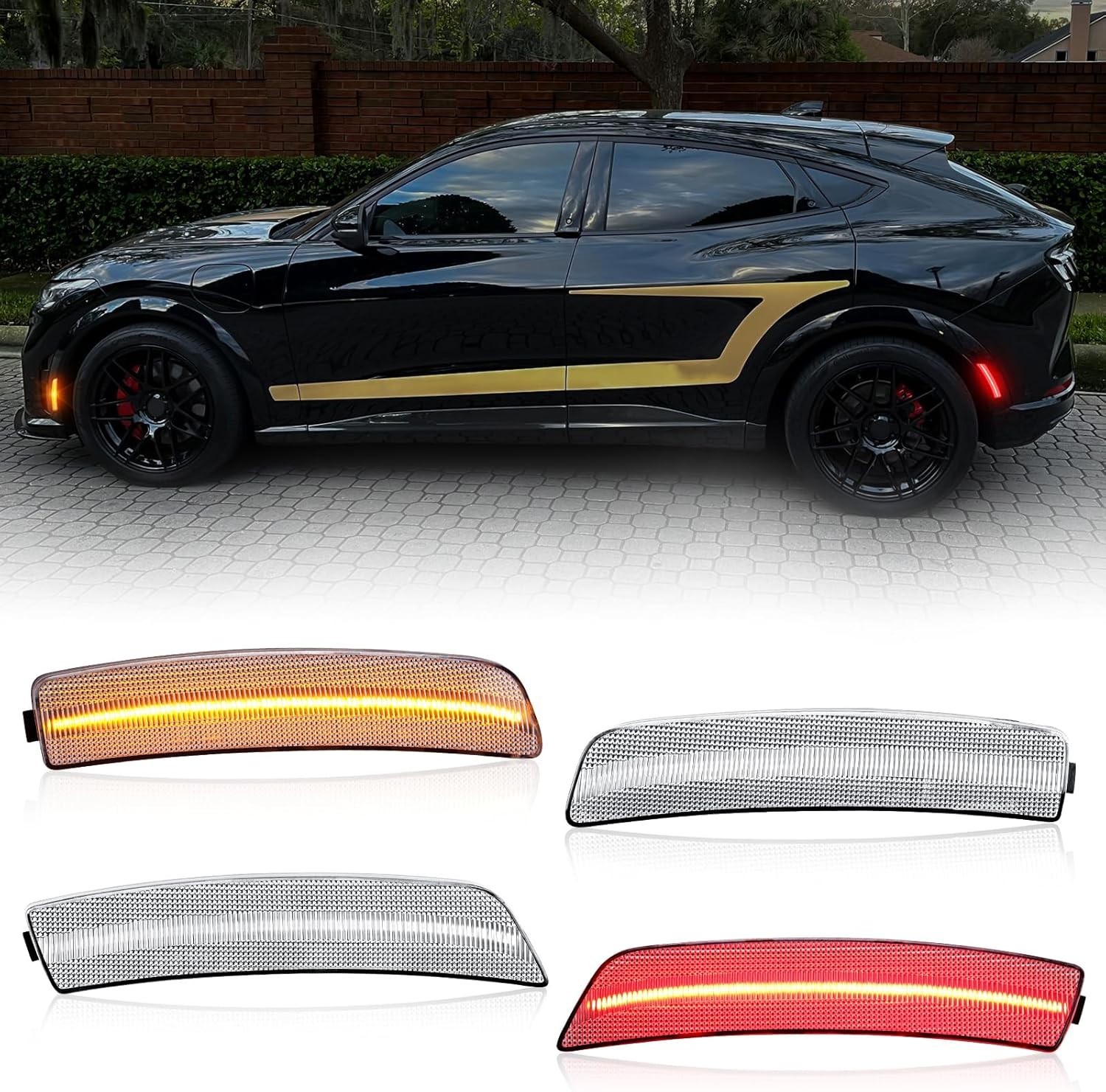 4pc Set Clear Lens Amber/Red Full LED Side Marker Lights For Ford Mustang Mach-E