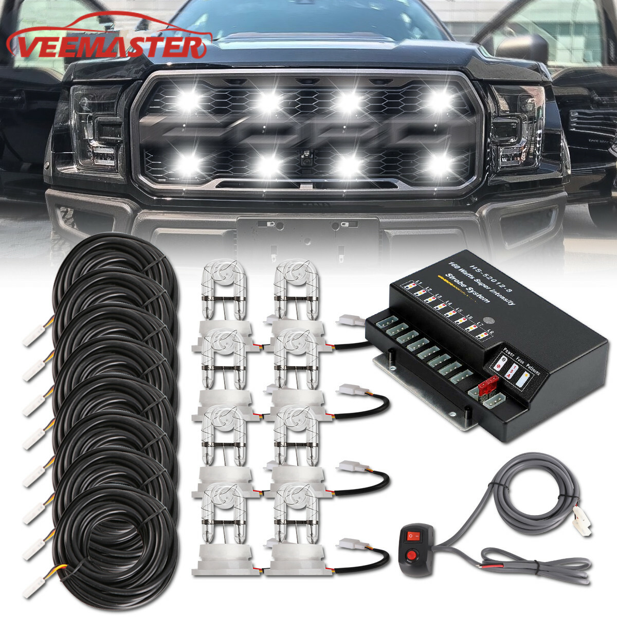 160W 8 HID Bulbs Hide Away Hazard Emergency Warning Strobe Light Headlight WHITE