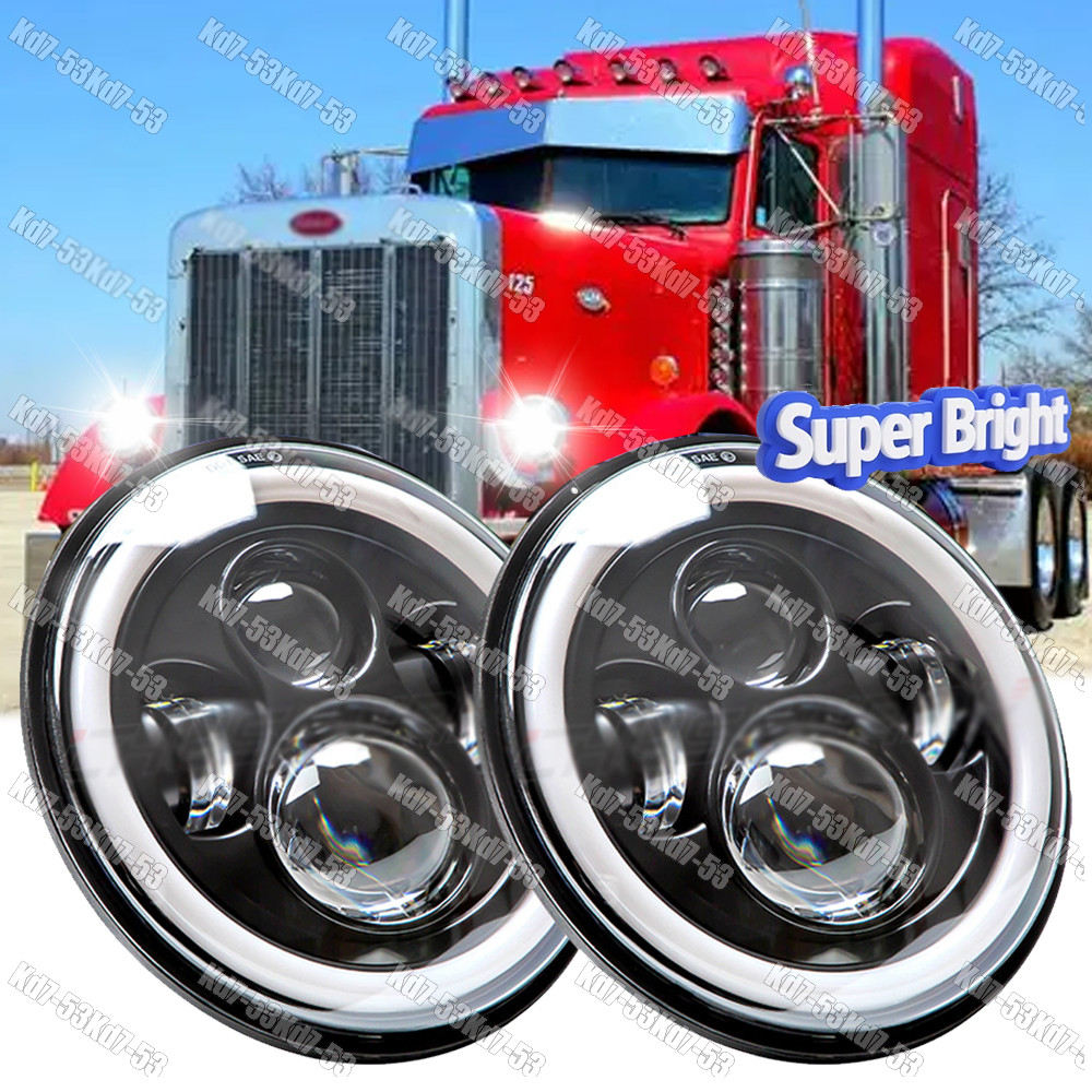 2pcs Fit Peterbilt 379 EXHD359 Old Style Round Guide 7“LED Headlights HI&LO DRL