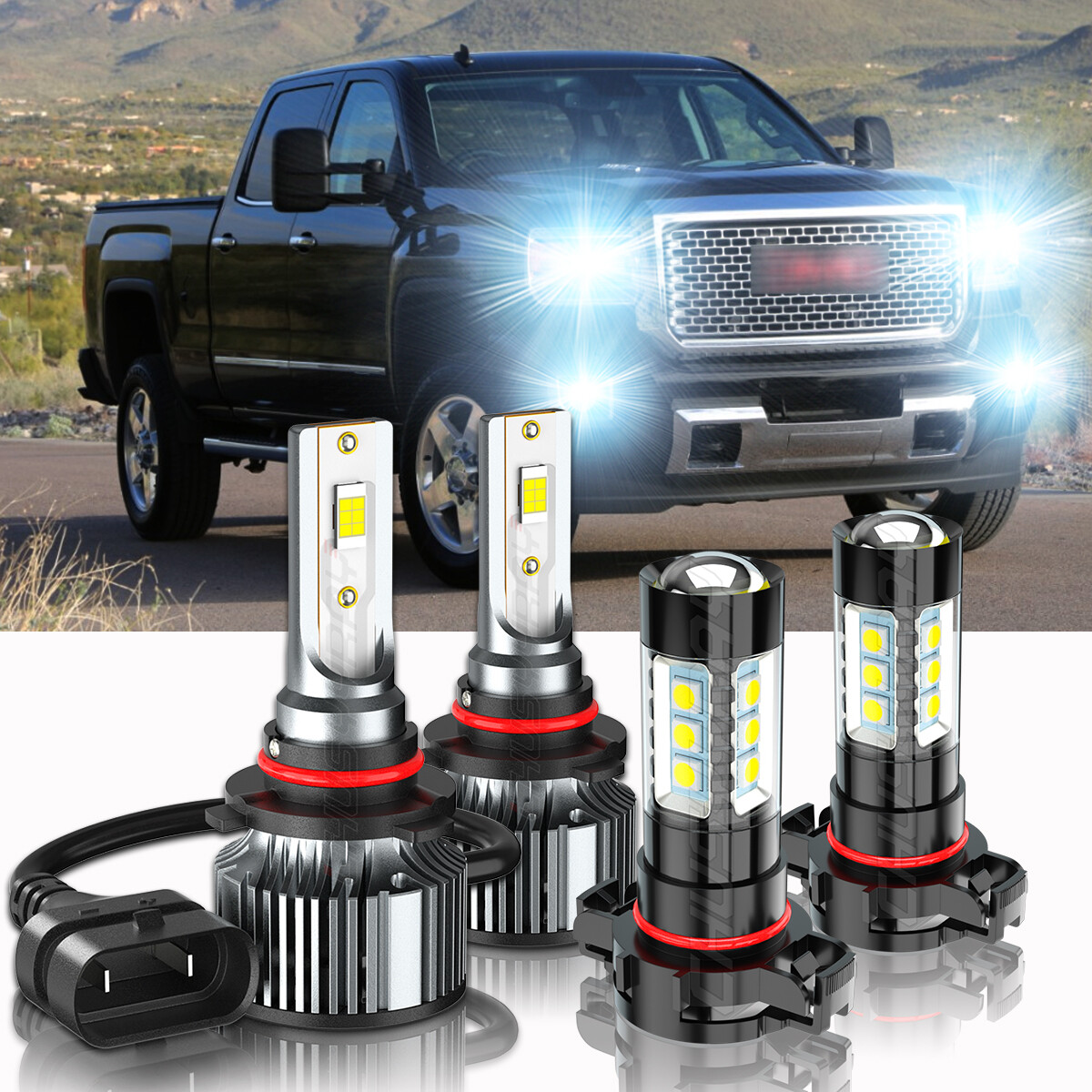 For GMC Sierra 2500 HD 2015 2016 4PC LED Headlight Kit 9012 5202 Fog Light Bulbs