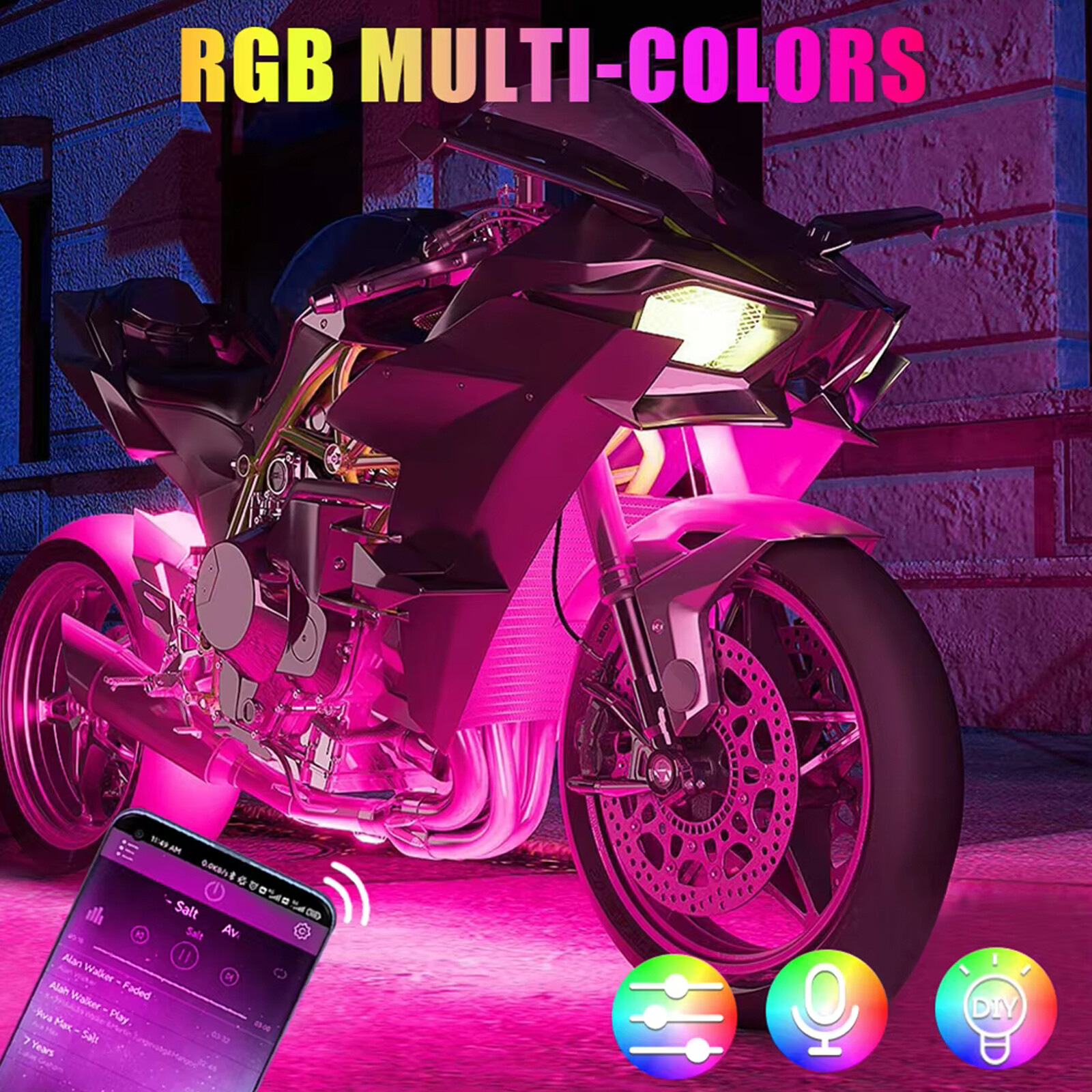 12V Motorcycle Car RGB APP Atmosphere Light Flexible Waterproof Sound Control