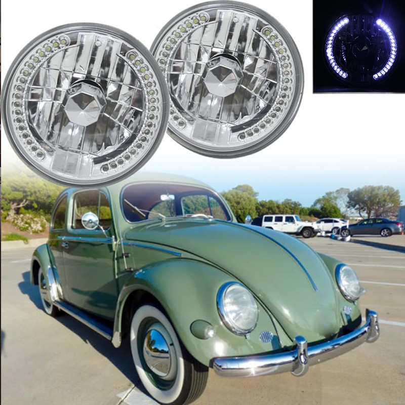 Pair 7″ Inch Round Chrome Housing LED Headlights Halo for VW Beetle 1950-1979