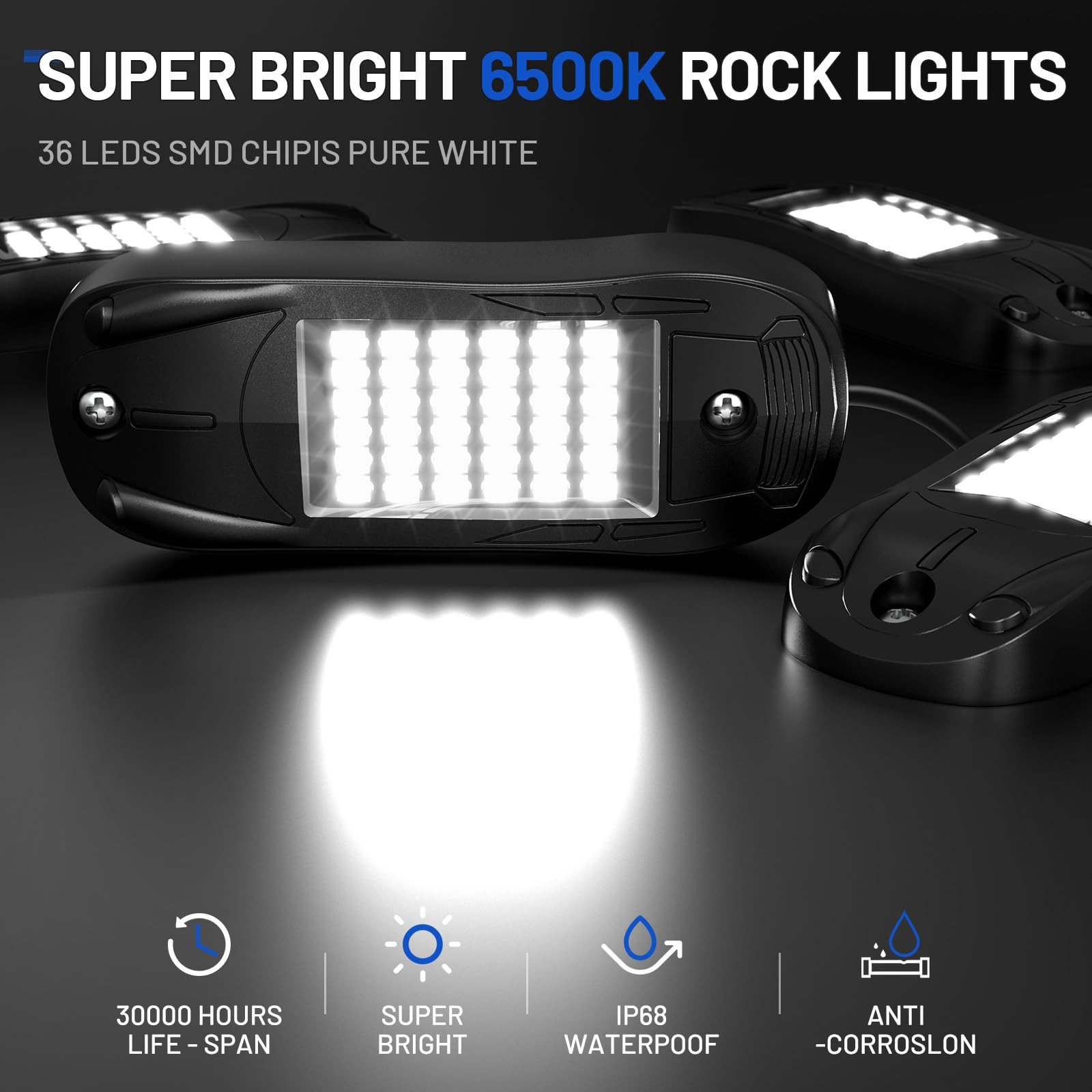 16 Pods 6500k White Rock Lights, IP68 Waterproof 36 LEDs SMD Chips Underglow …