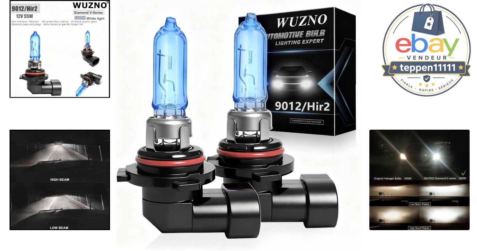 Halogen Headlight Bulb 9012 12V 55W High Low Beam White 5000K 2 Pack