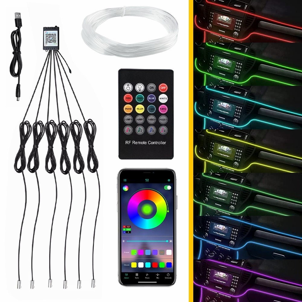 8M RGB LED Strip Light Car Interior Fiber Optic Neon Wire Atmosphere Bluetooth