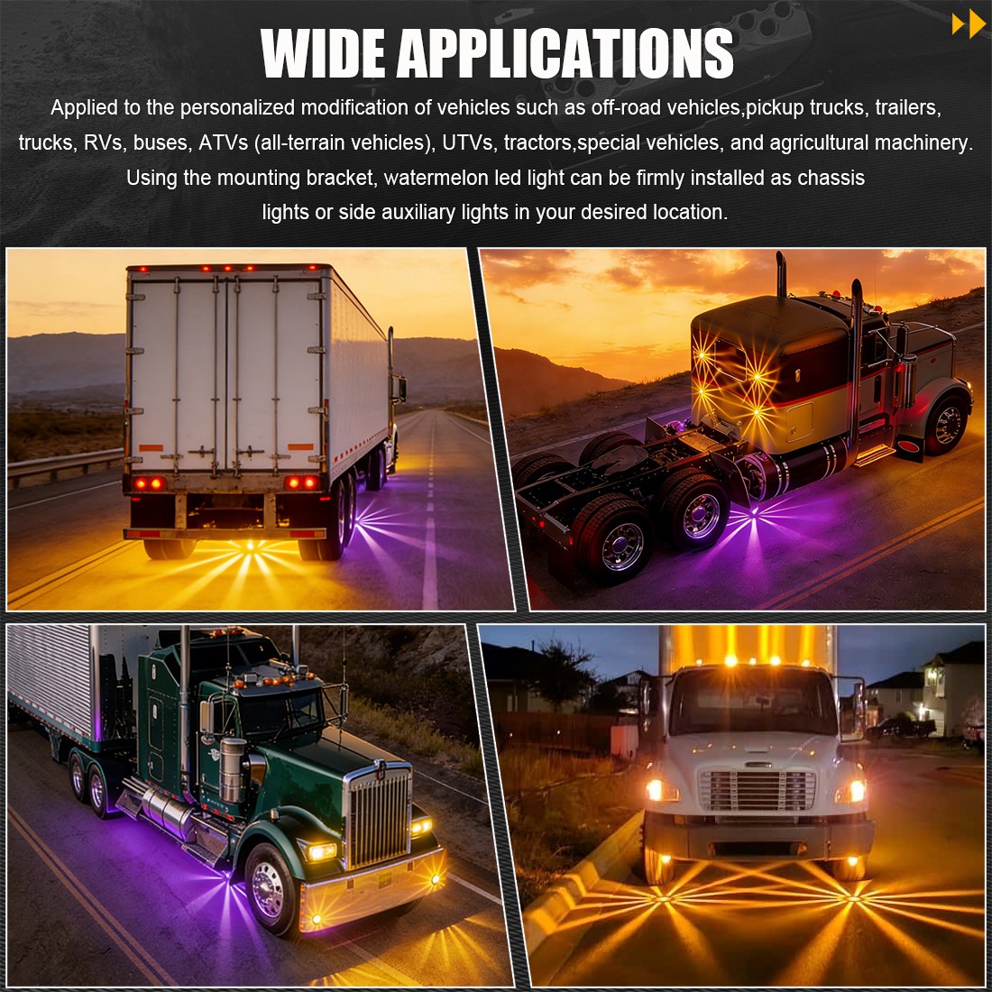 2x Amber Purple LED Watermelon Lights Trailer Truck Side Marker Light w/Brackets