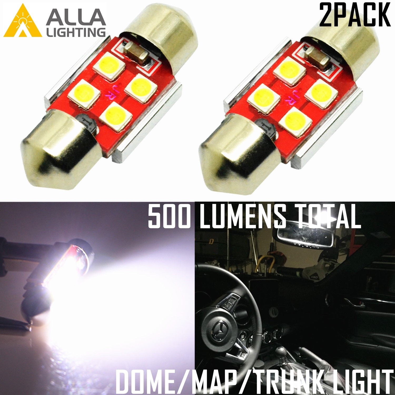 Alla Lighting 2x 800LM 3030 4-LED Dome Map Trunk Light Festoon Bulb DE3175,White