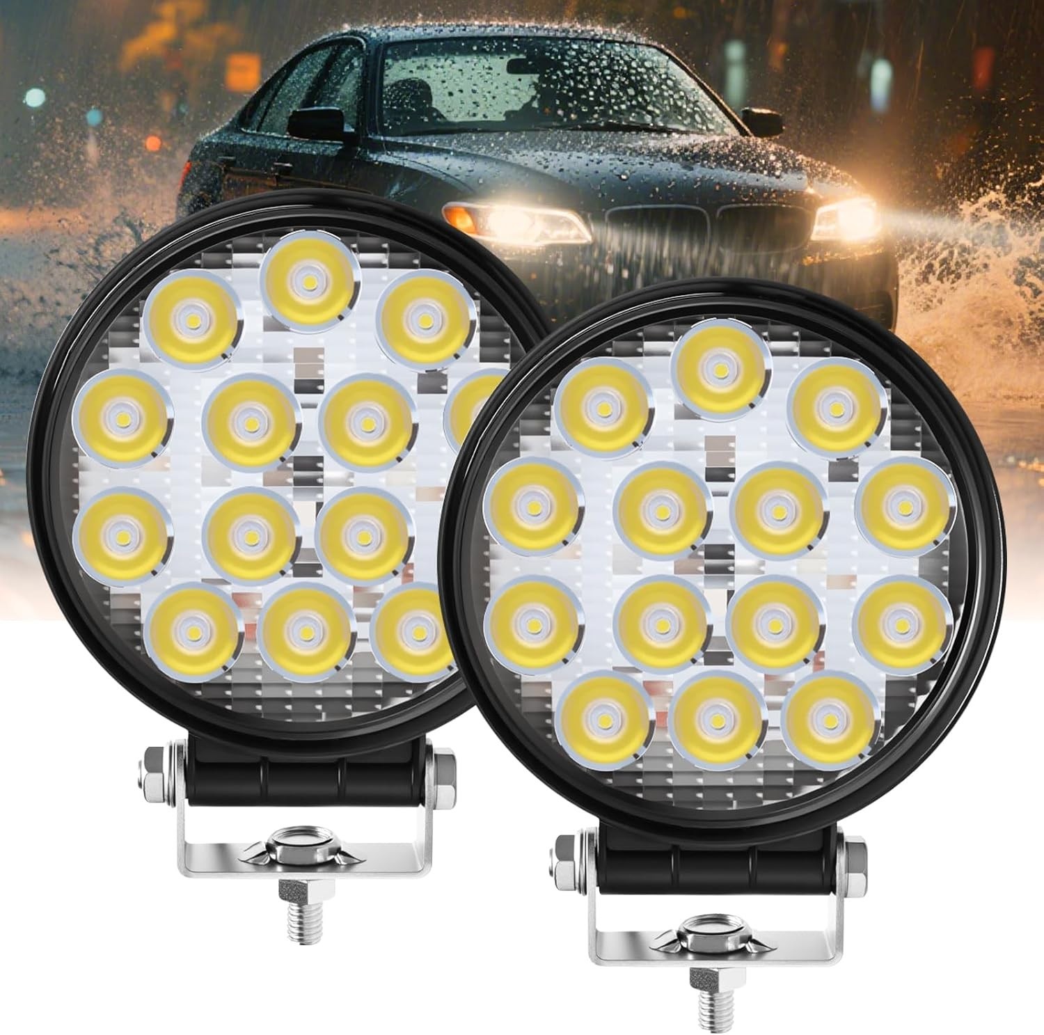 2 Pack 4.5″ Round LED Light Bar – 140W 14000LM Waterproof Offroad Flood Lights