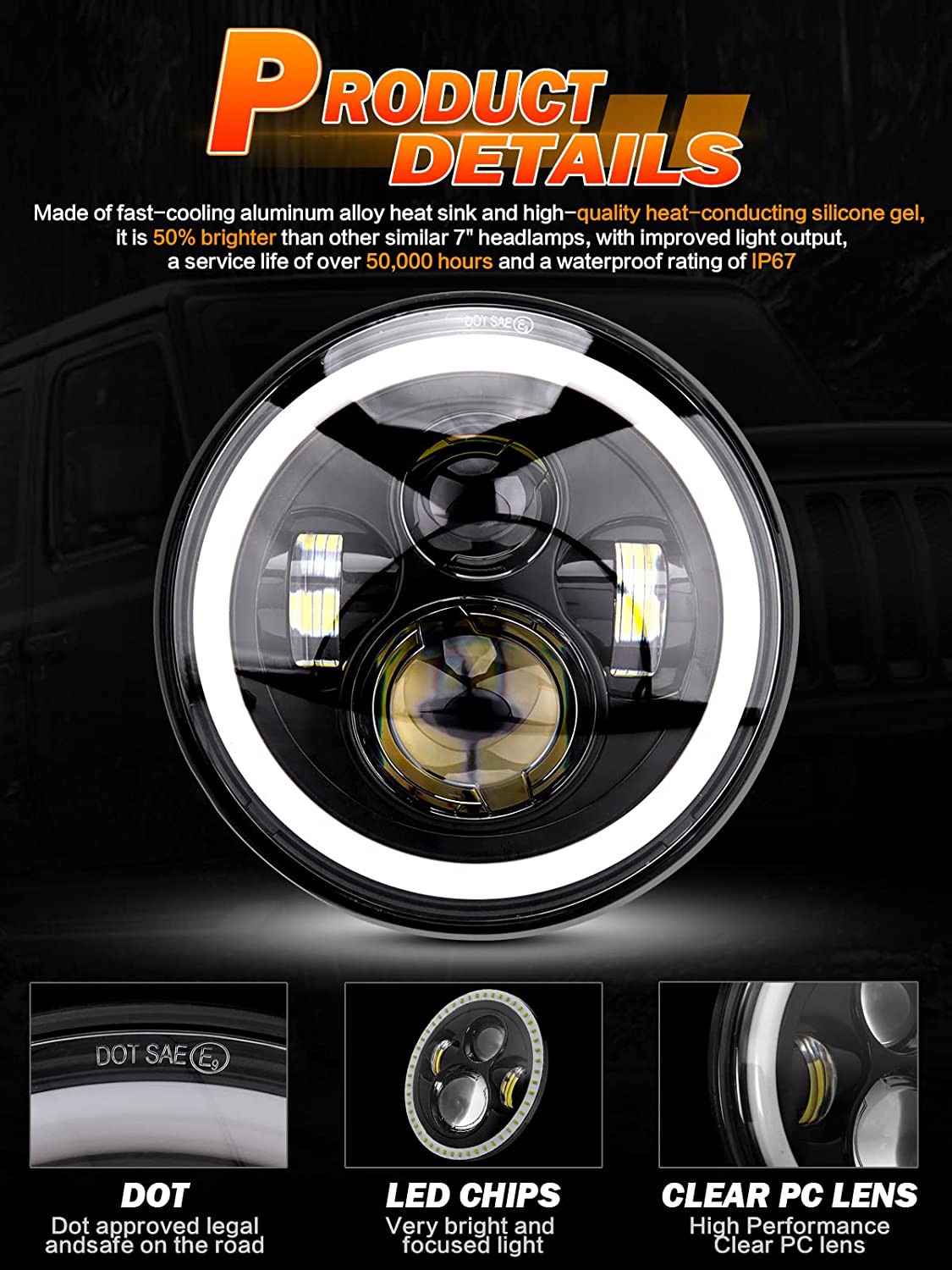 2pcs Fit Peterbilt 379 EXHD359 Old Style Round Guide 7“LED Headlights HI&LO DRL