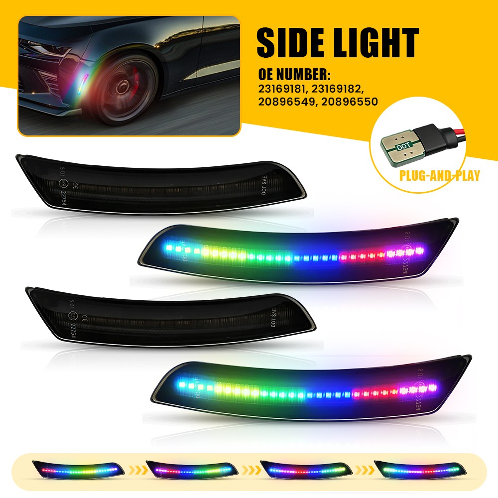Colorful Flowing Light 4X For Chevy 2016-23 Camaro Smoked LED Side Marker Lights