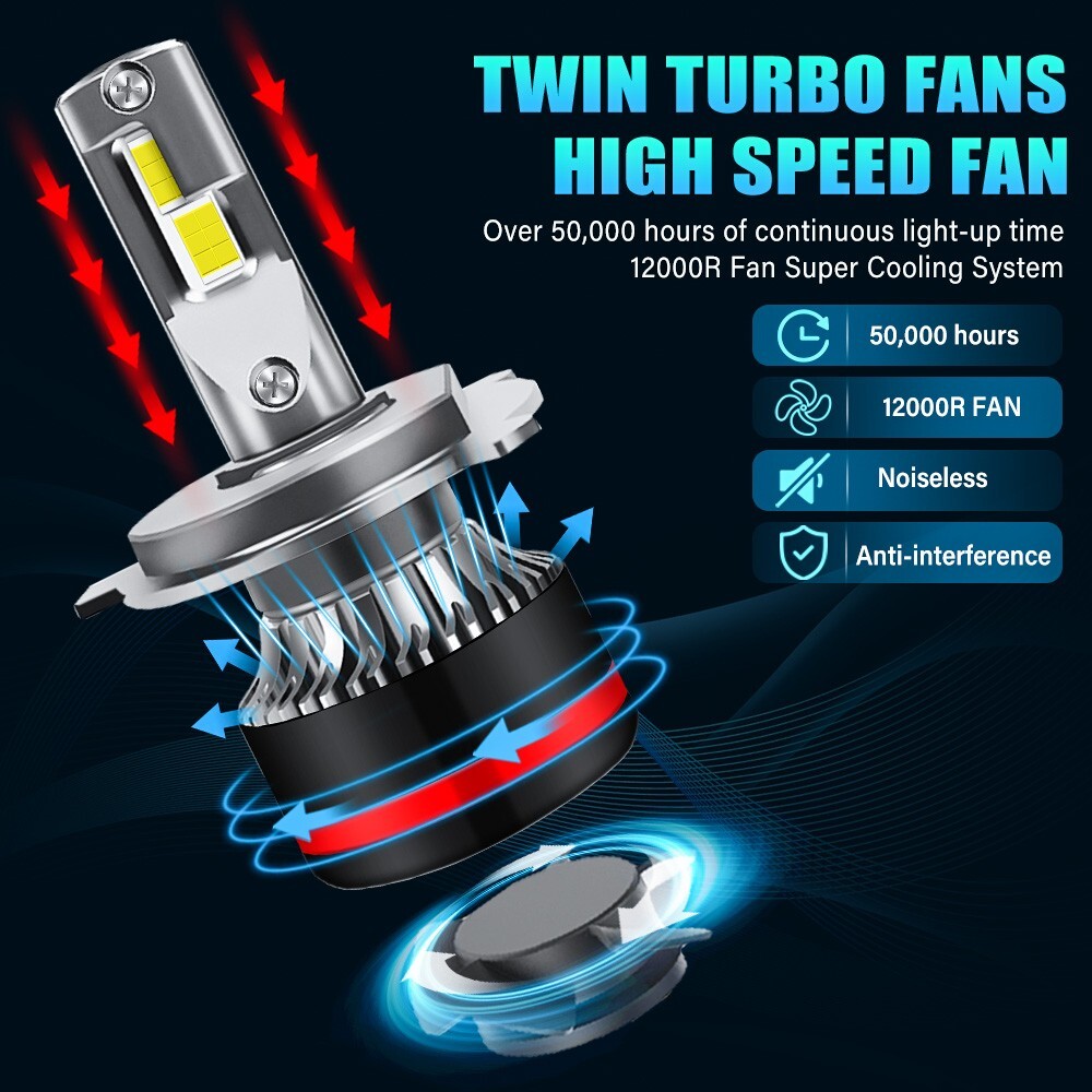2PCS CSP LED Headlight H4 9003 High/Low Beam 6000K Bulbs Error Free 350W 25000LM