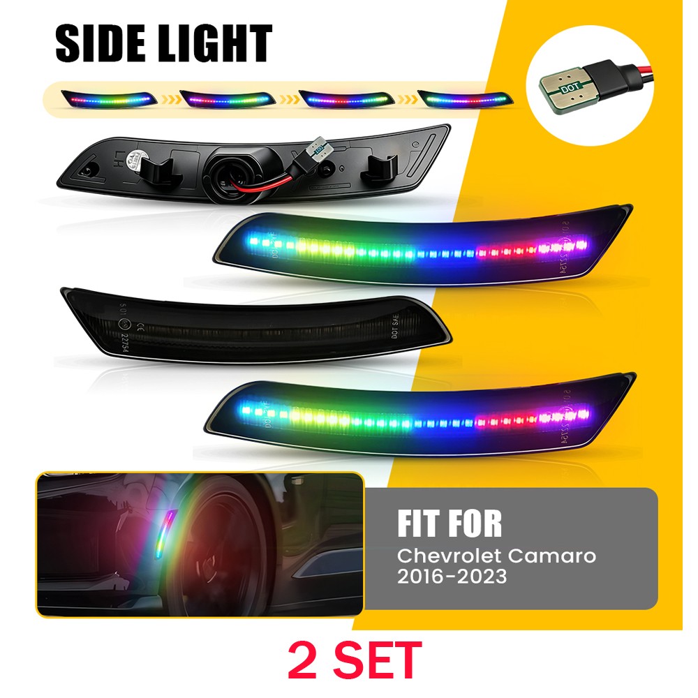 20896549 Fit 16-23 Chevy Camaro Smoked LED Side Marker Colorful Flowing Light 8X