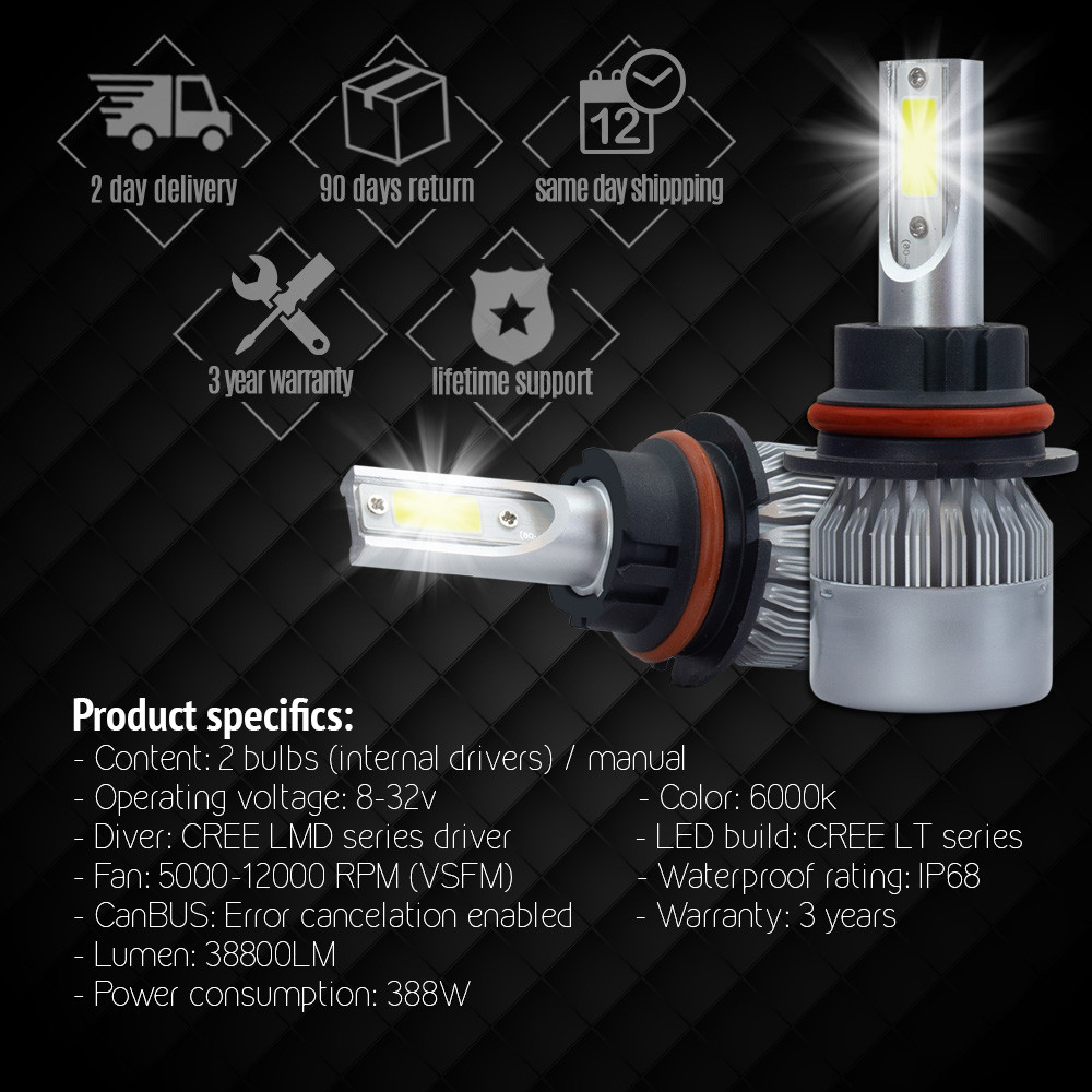 XENTEC 9007 HB5 LED Headlight Bulb Kit Low High Beam 6000K 90W 180000LM White.