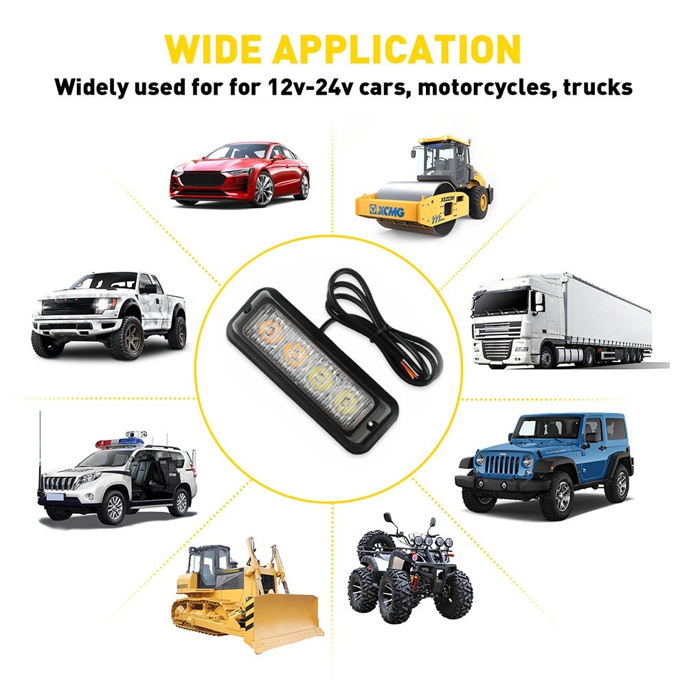 2PCS Car 4LED Emergency Warning Amber/White Beacon Light Flash Strobe Indicator