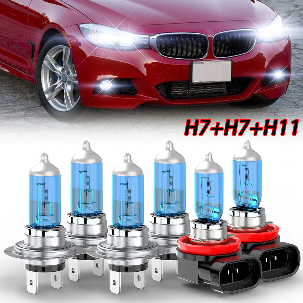 Super Bright White H7+H7+H11 Halogen Headlight High Low Beam Fog Light Bulbs Kit